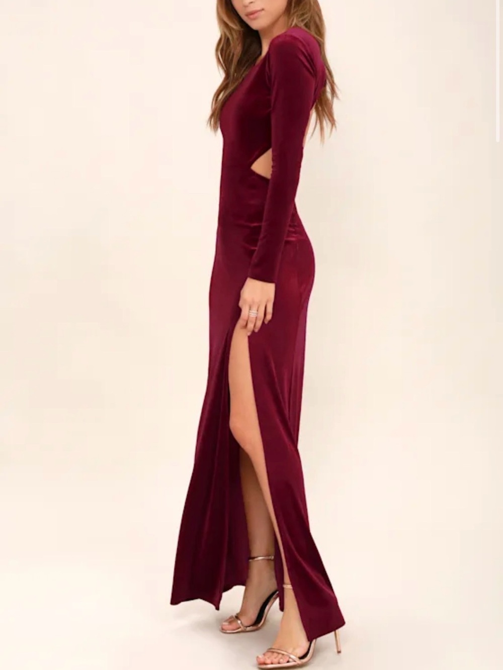 Lulu's Wine Velvet Long-Sleeve Cutout Maxi Dress